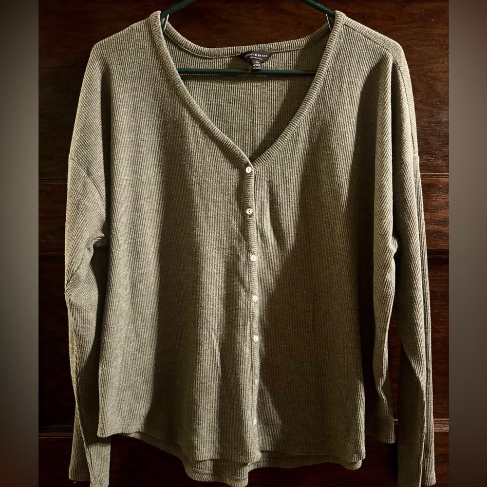 Lucky Brand Olive Green Waffle Knit Button Down Top, Size L